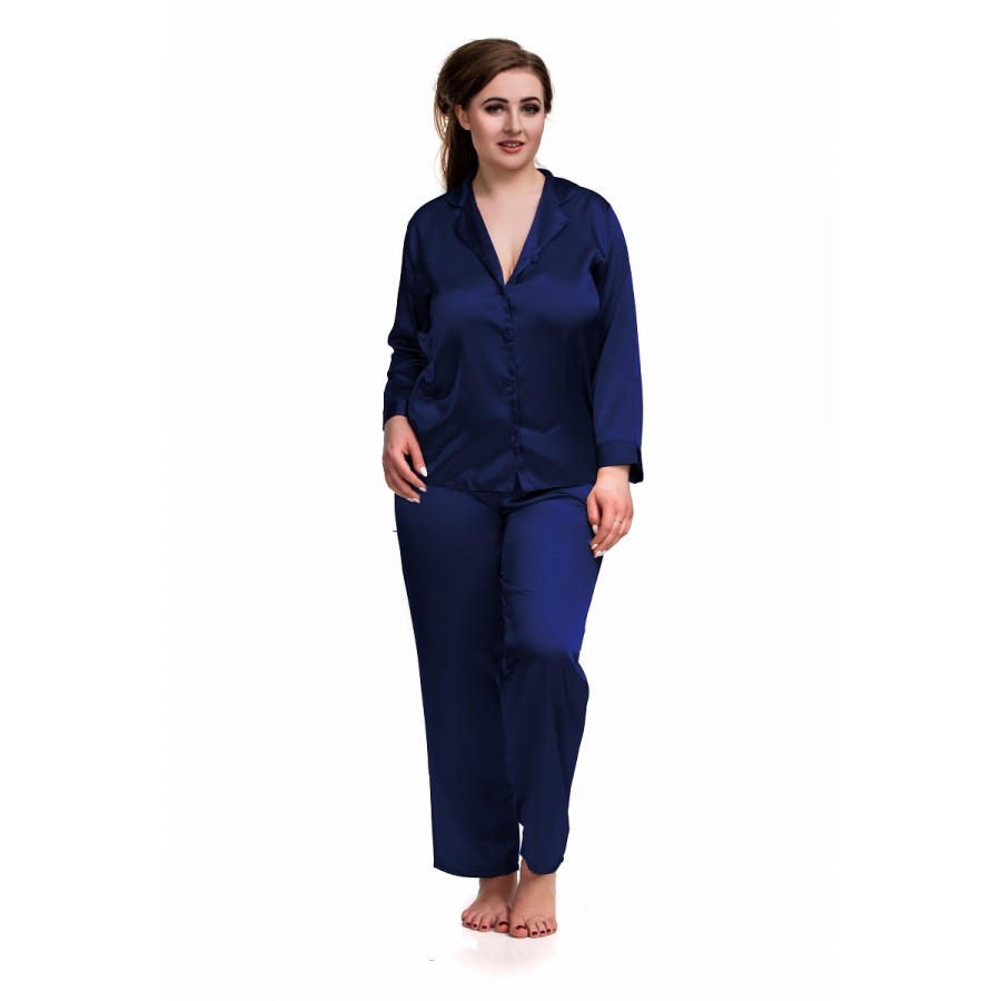 Satin Pj's 084 Navy Plus Size Satin Pyjama Set Long Sleeve
